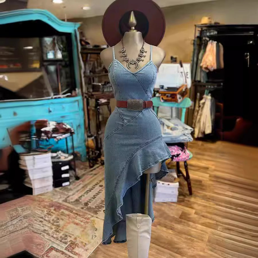 WW | Rüschensaum Denim Split Kleid