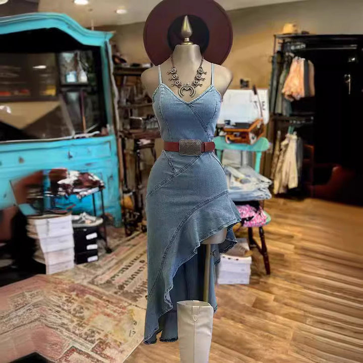 W&W Mode | Rüschensaum Denim Split Kleid