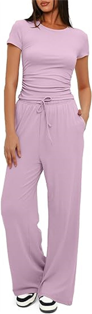 Damen lässiger Zweiteiler mit cropped Oberteil und weitem Beinkleid WW