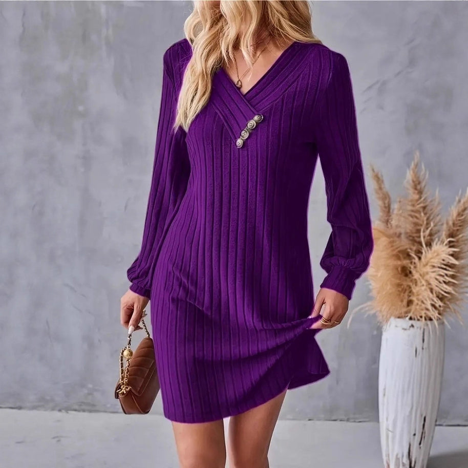 Damen Röhrenkleid mit elegantem V-Ausschnitt und dekorativen Knöpfen WW