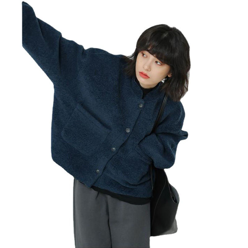 W&W Mode Lässig Lang Ärmel Taschen Blau Jacke