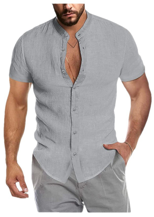 Herren Kurzarm Leinenhemd mit Stehkragen und dezenter Knopfleiste W&W Mode