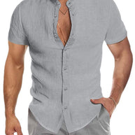 Herren Kurzarm Leinenhemd mit Stehkragen und dezenter Knopfleiste WW