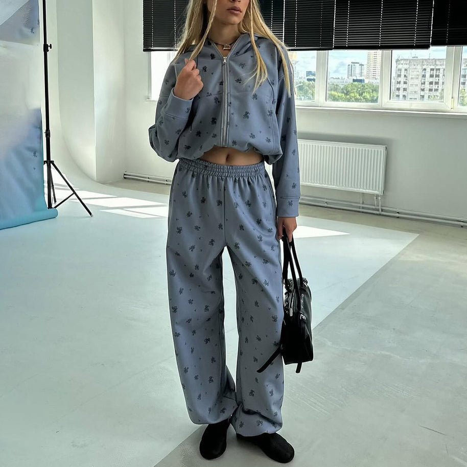 Damen Sportlicher Freizeitanzug mit floralem Muster und hohem Kragen WW