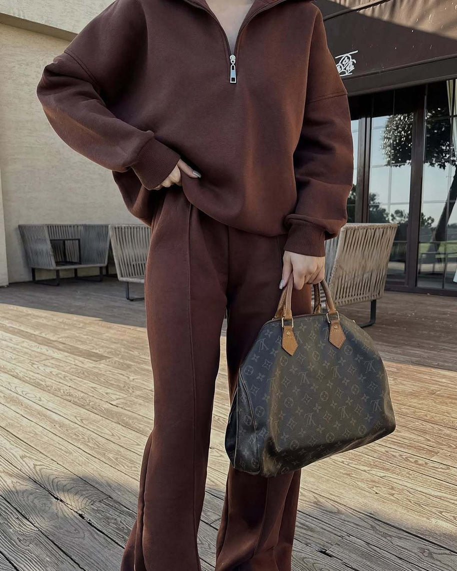 Damen bequemer Fleece-Athleisure-Anzug mit Stehkragen und Reißverschluss WW