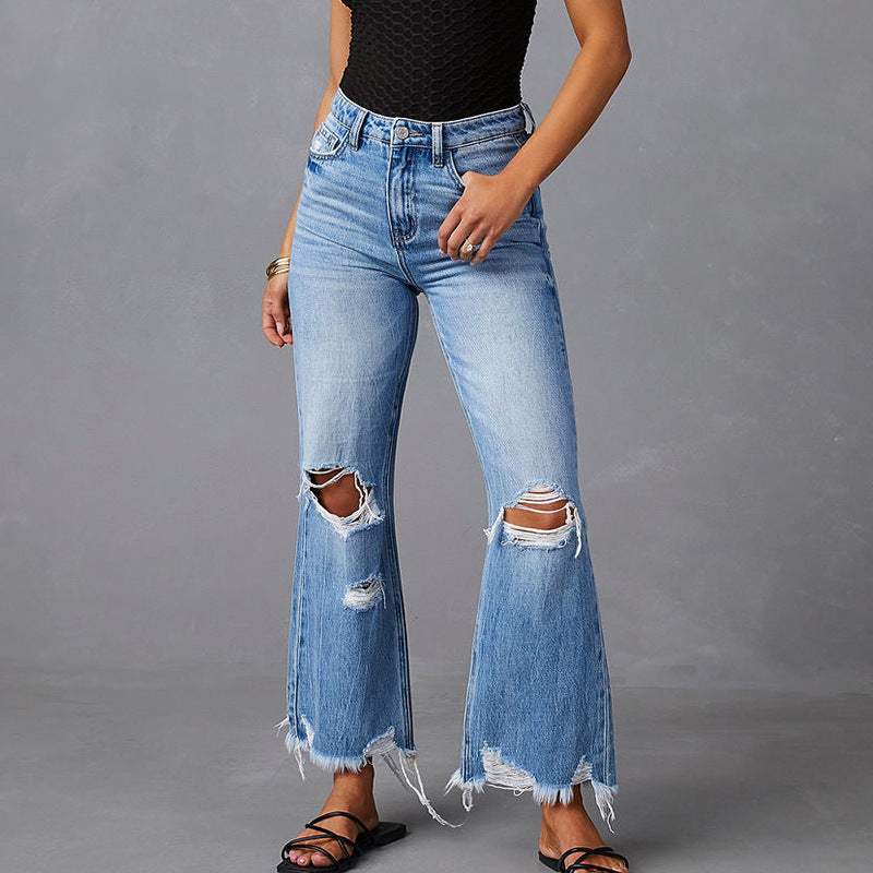 Damen weite High-Waist Jeans mit Destroyed-Details WW