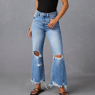 Damen weite High-Waist Jeans mit Destroyed-Details WW