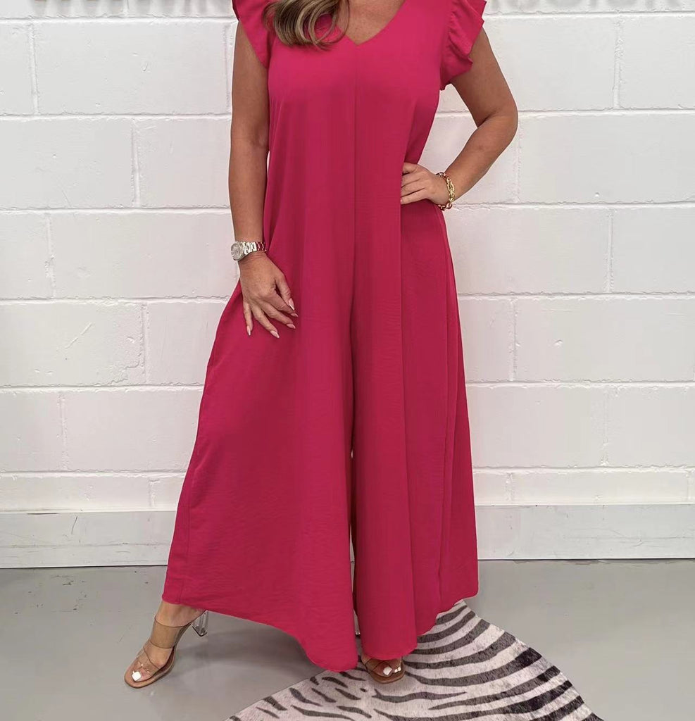 Damen eleganter Jumpsuit mit weit geschnittenen Beinen und V-Ausschnitt