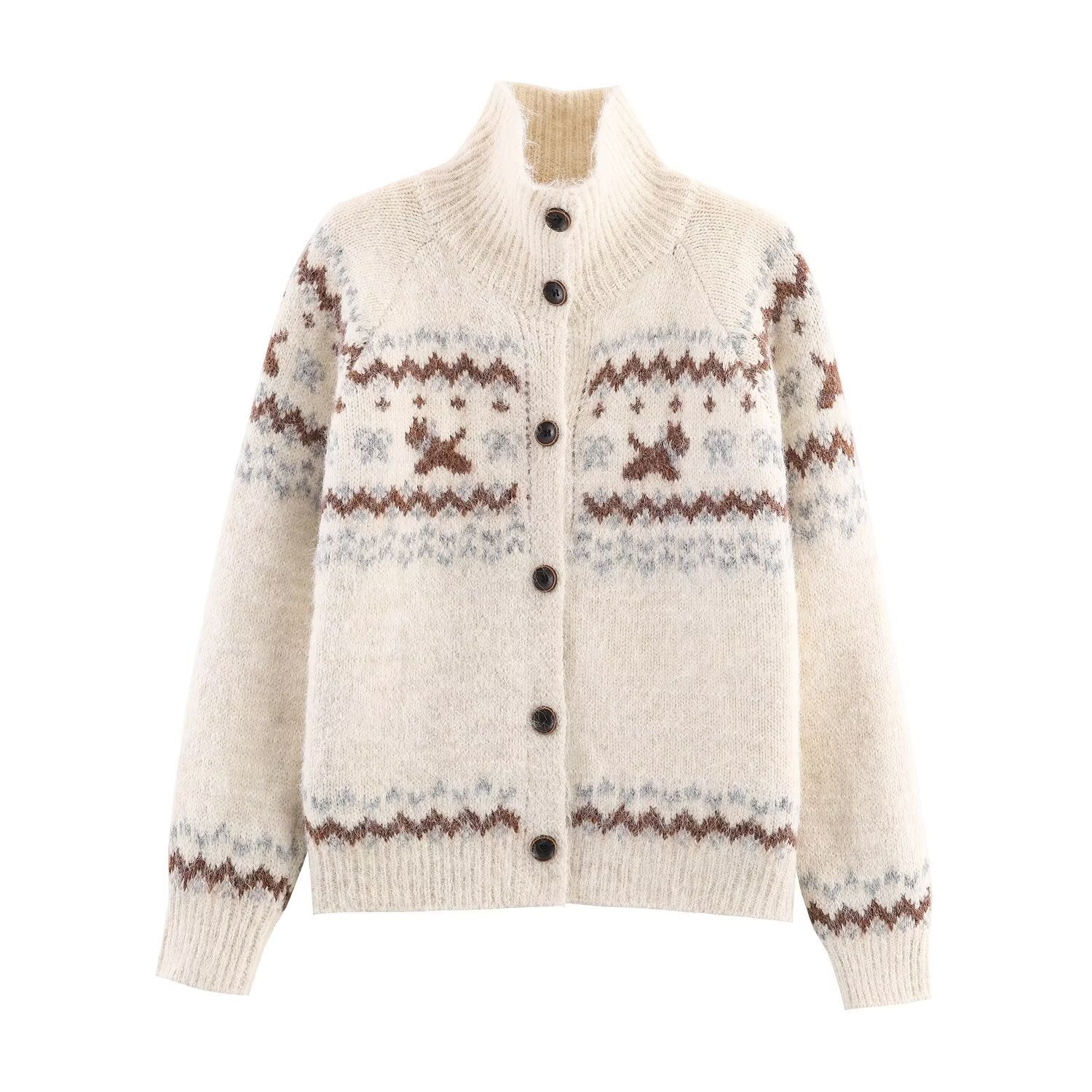 Damen Strickjacke mit traditionellem Muster und hochgeschlossenem Kragen WW