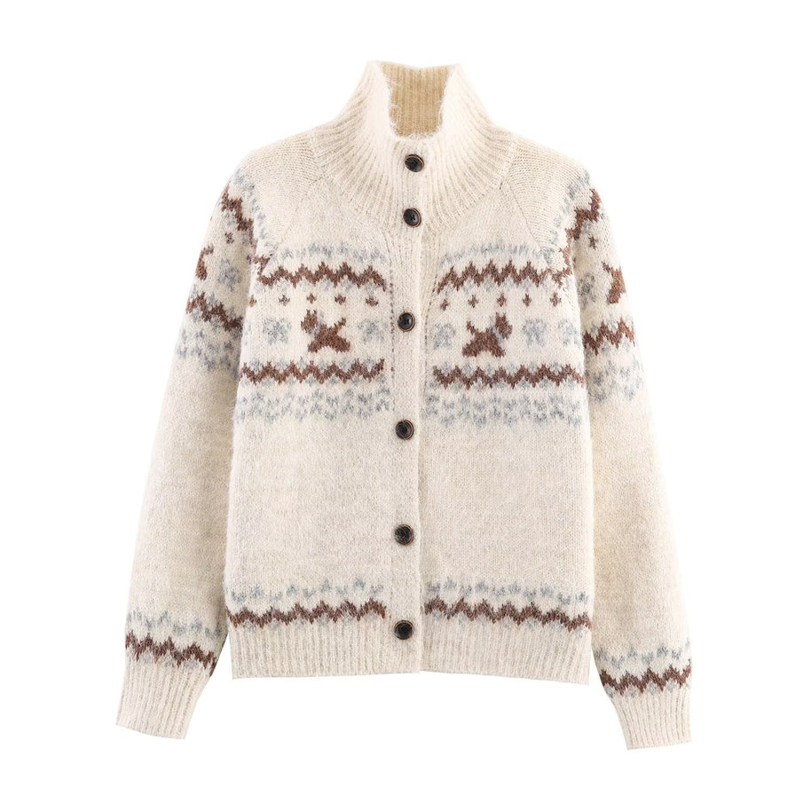 Damen Strickjacke mit traditionellem Muster und hochgeschlossenem Kragen WW