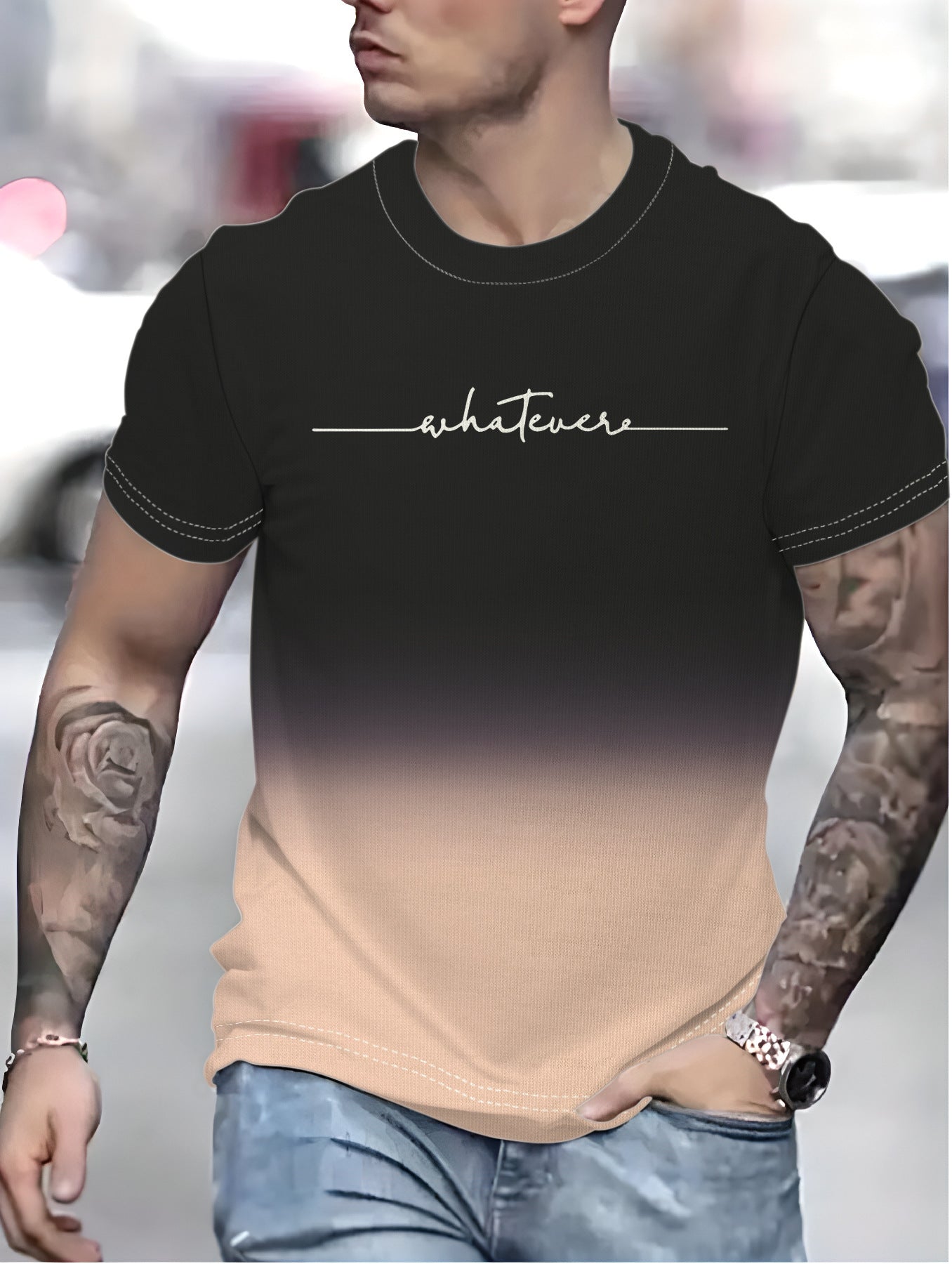 Herren T-Shirt mit kreativem Schriftzug und modernem Farbverlauf WW