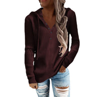 Damen Bequeme gestreifte Kapuzenpullover mit Knopfleiste WW