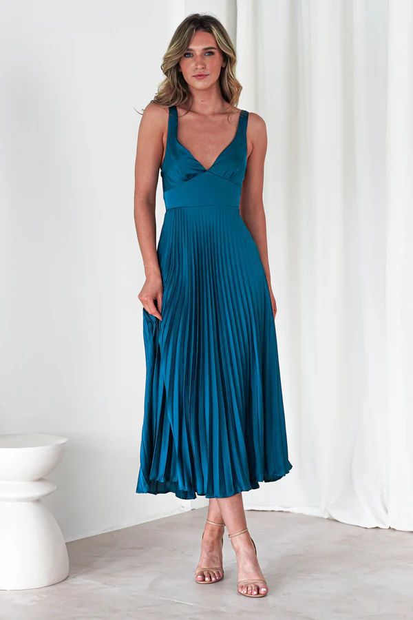 Damen Plissiertes Maxikleid mit V-Ausschnitt und schwingendem Rock W&W Mode