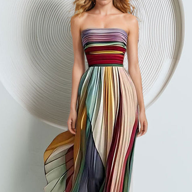 Damen Elegantes Maxikleid mit gerafftem Oberteil und farbenfrohem Streifenmuster WW