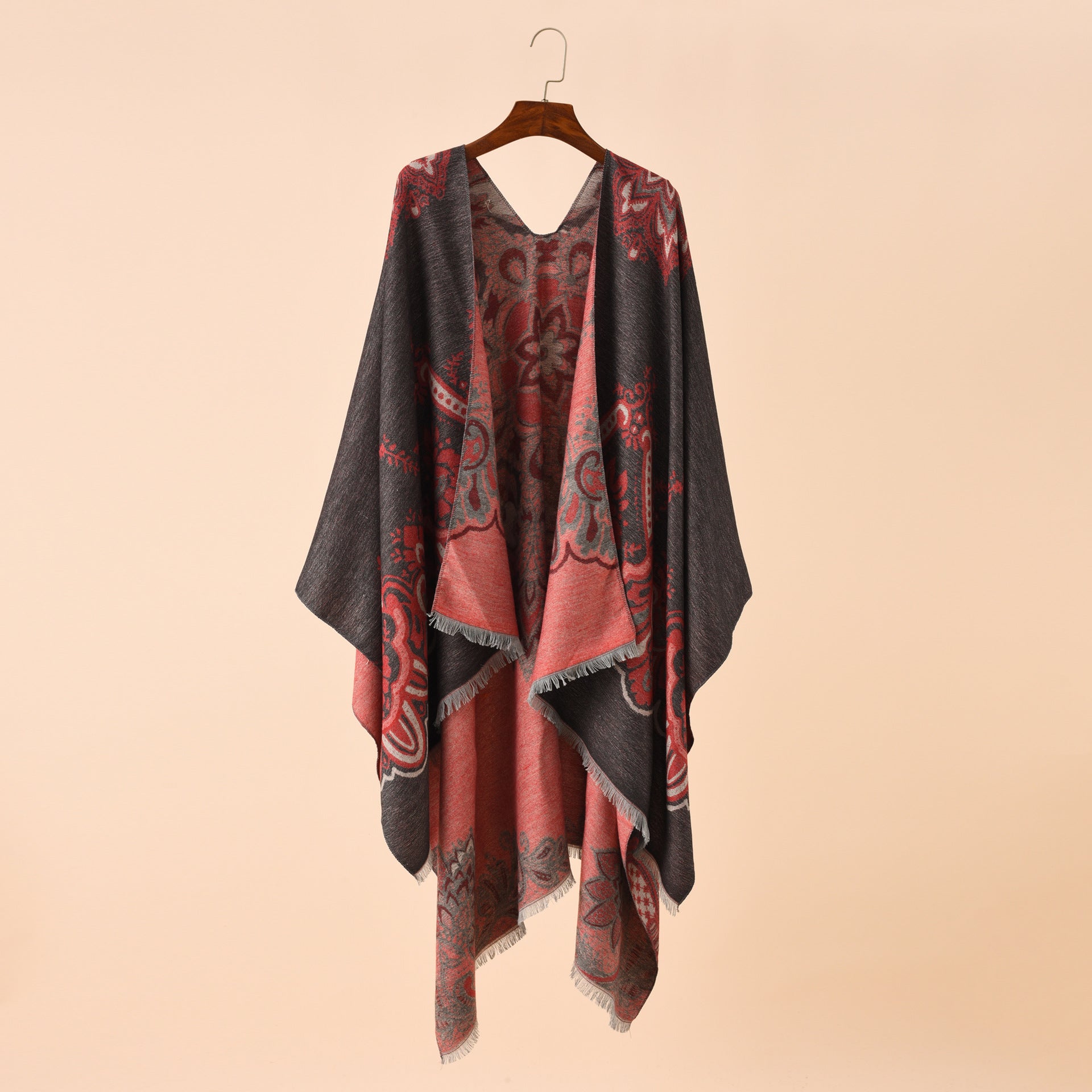 Damen Eleganter Kimono-Poncho mit kunstvollem Muster und fransigen Kanten WW