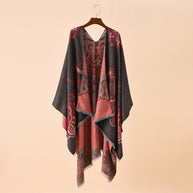 Damen Eleganter Kimono-Poncho mit kunstvollem Muster und fransigen Kanten WW