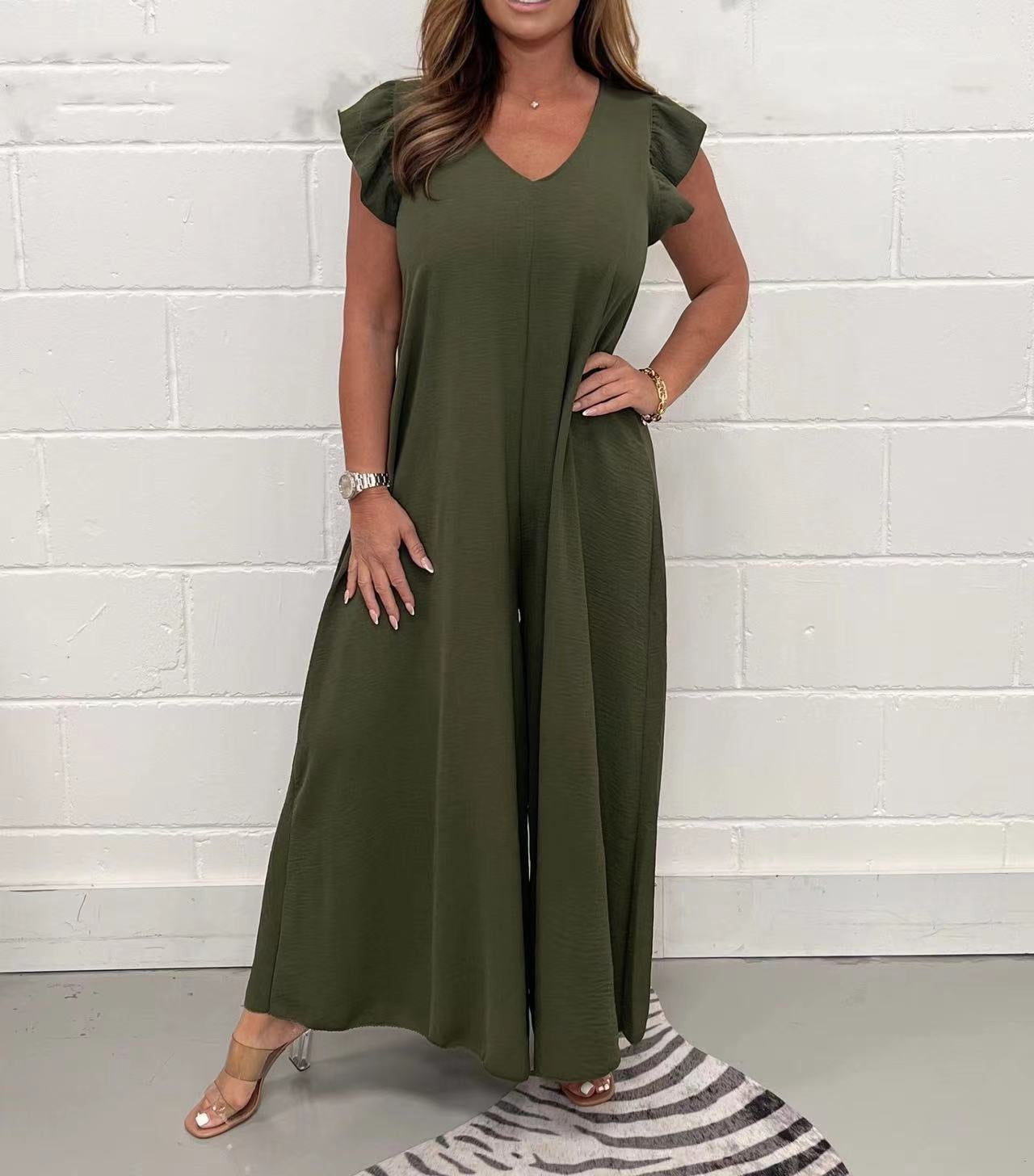 Damen gehobener Jumpsuit mit voluminösen Rüschenärmeln und V-Ausschnitt WW