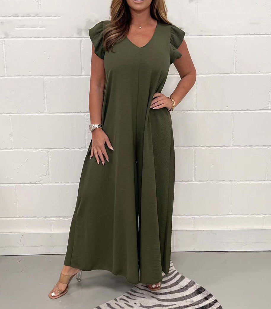 Damen gehobener Jumpsuit mit voluminösen Rüschenärmeln und V-Ausschnitt WW