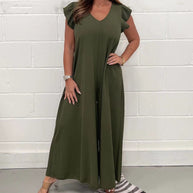 Damen gehobener Jumpsuit mit voluminösen Rüschenärmeln und V-Ausschnitt WW