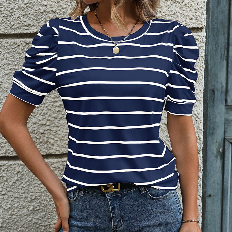 Damen T-Shirt mit dekorativen Puffärmeln und modernem Streifenmuster WW