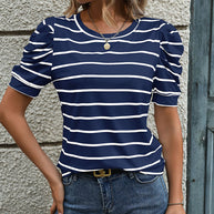 Damen T-Shirt mit dekorativen Puffärmeln und modernem Streifenmuster WW