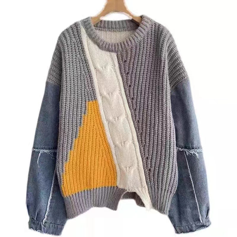 W&W Mode | Patchwork-Pullover mit Denim-Ärmeln