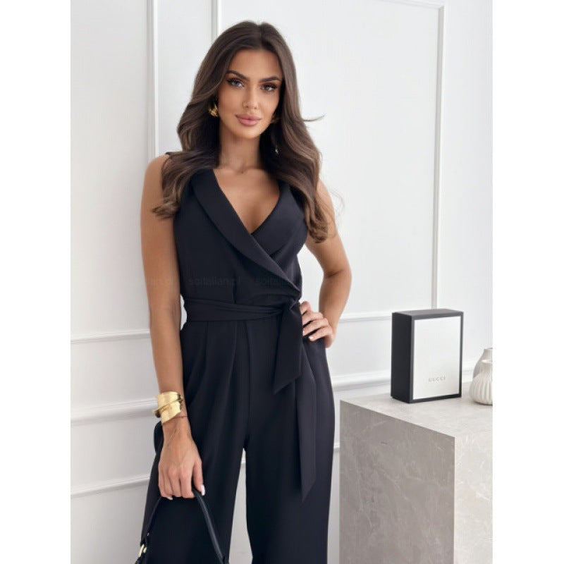 Damen eleganter Jumpsuit mit Wickeloptik und Taillengürtel WW