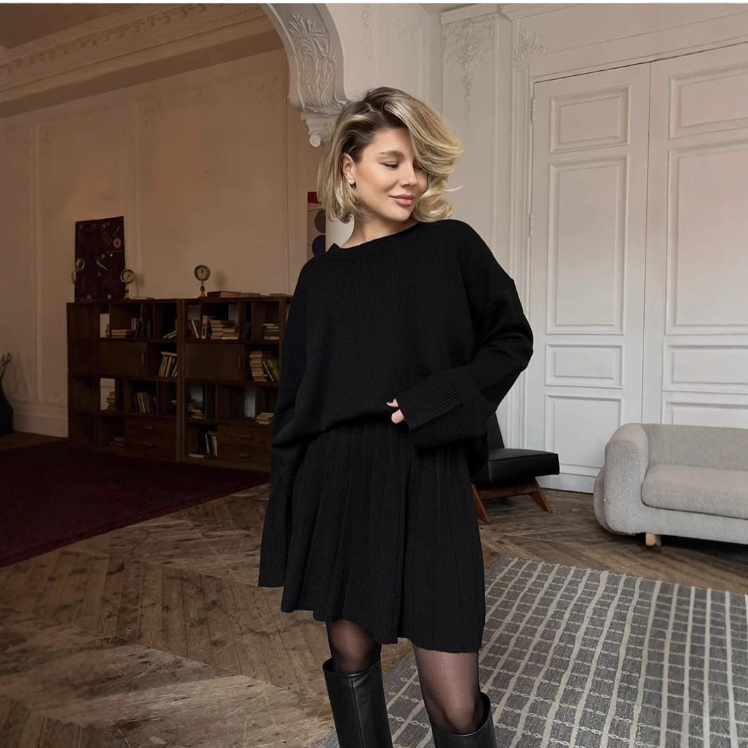 Damen gemütlicher Pullover mit weitem Schnitt und voluminösem Rock W&W Mode