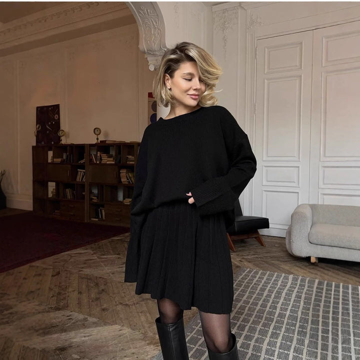 Damen gemütlicher Pullover mit weitem Schnitt und voluminösem Rock W&W Mode