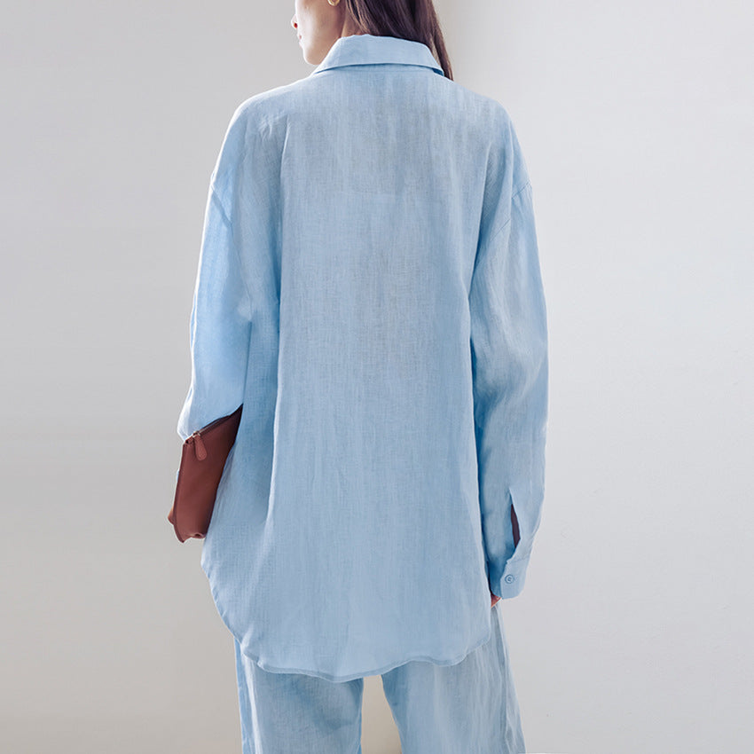 Damen lässige Leinen-Hosenanzug mit übergroßer Hemdbluse und geradem Bein W&W Mode