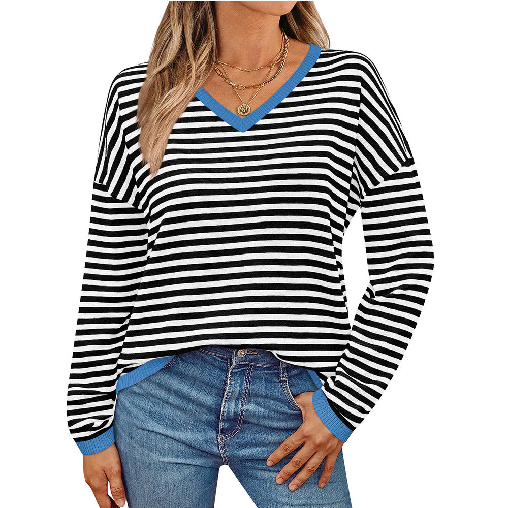 Damen lässiger Pullover mit niedrigem V-Ausschnitt und buntem Streifenmuster WW