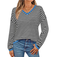 Damen lässiger Pullover mit niedrigem V-Ausschnitt und buntem Streifenmuster WW
