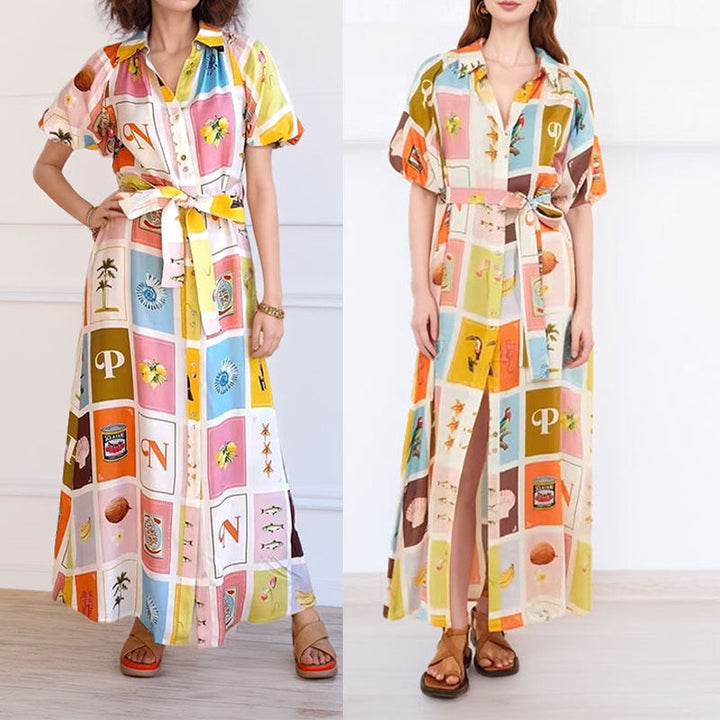 Damen Hemdblusenkleid mit farbenfrohem Print und taillierbarem Gürtel W&W Mode