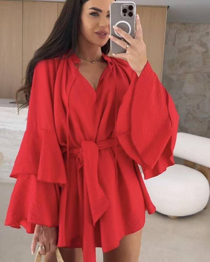 Damen Stilvolle Glockenärmel Kaftan Wickel WW
