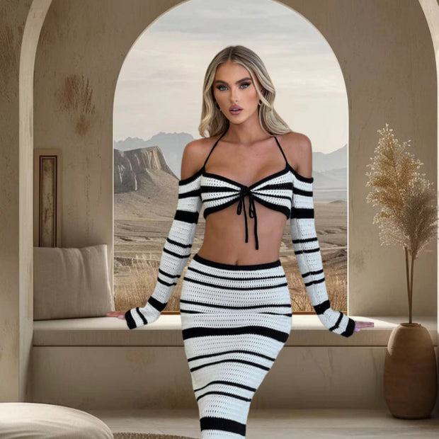 Damen Set aus gestreiftem Crop-Top und Maxi-Rock WW