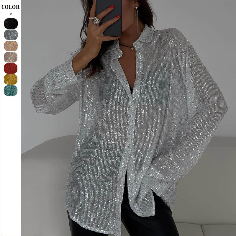 Damen Glitzernde Overshirt-Bluse mit weiten Ärmeln WW