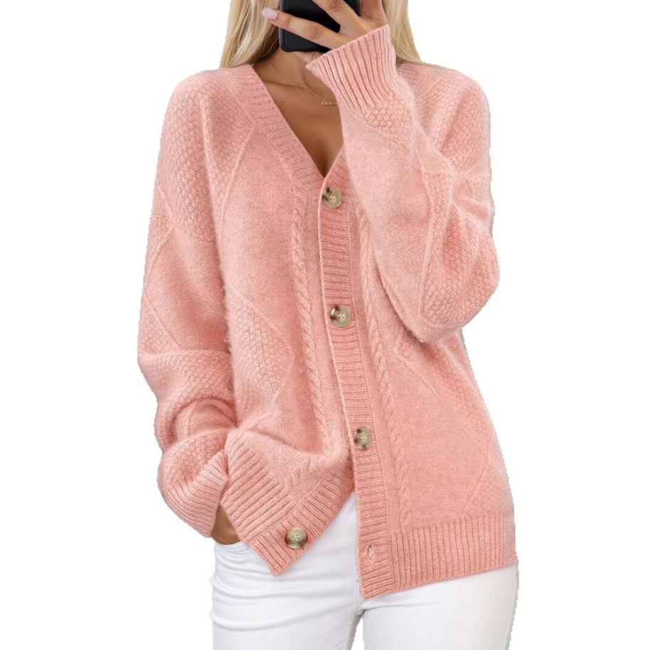 Damen Strickjacke mit geflochtenem Muster und eleganter Knopfdetail WW