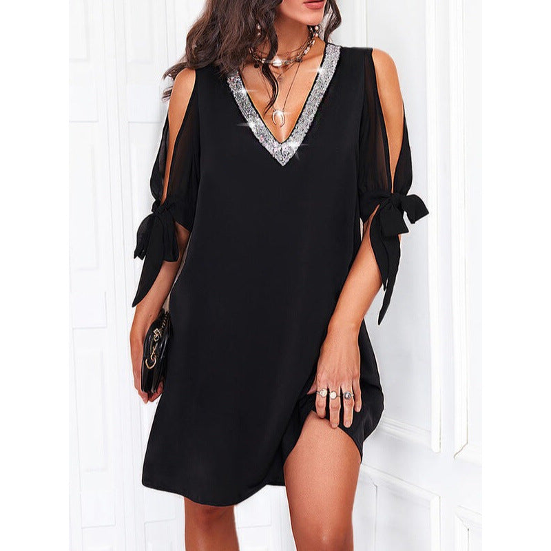 Damen Elegantes V-Ausschnitt Kleid mit Krawattenärmeldetails WW
