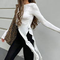 Damen asymmetrisches Langarmshirt mit Rüschendetails WW