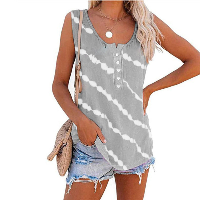 Damen ärmelloses Oberteil mit Knopfleiste und modernem Batik-Muster WW