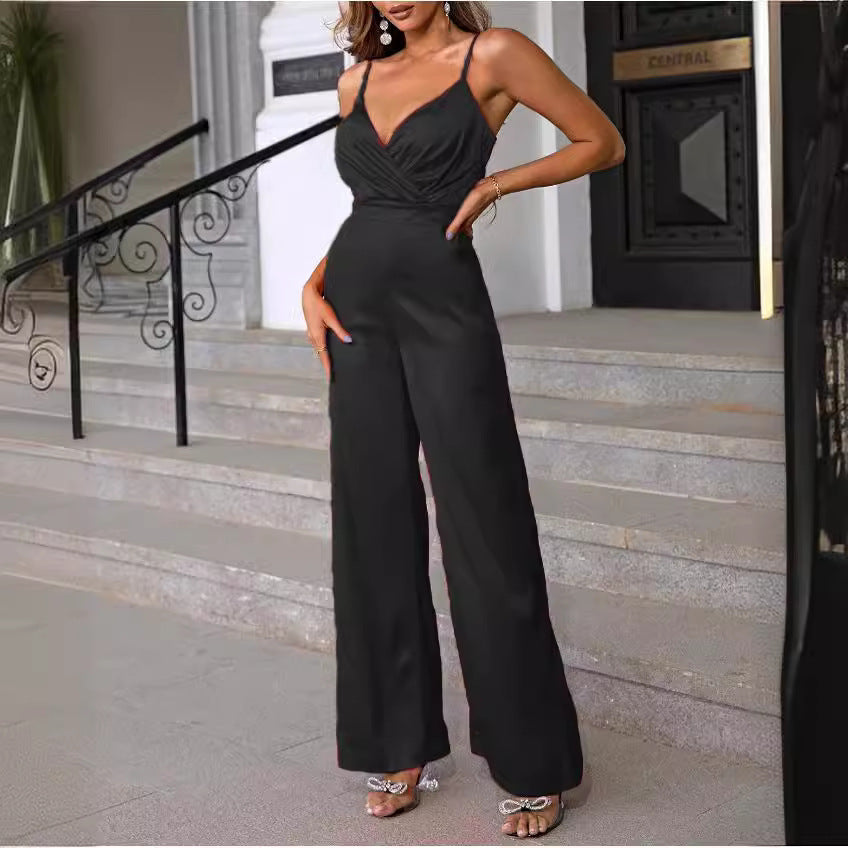 Damen Eleganter Jumpsuit mit Wickeloberteil und langen, geraden Beinen WW