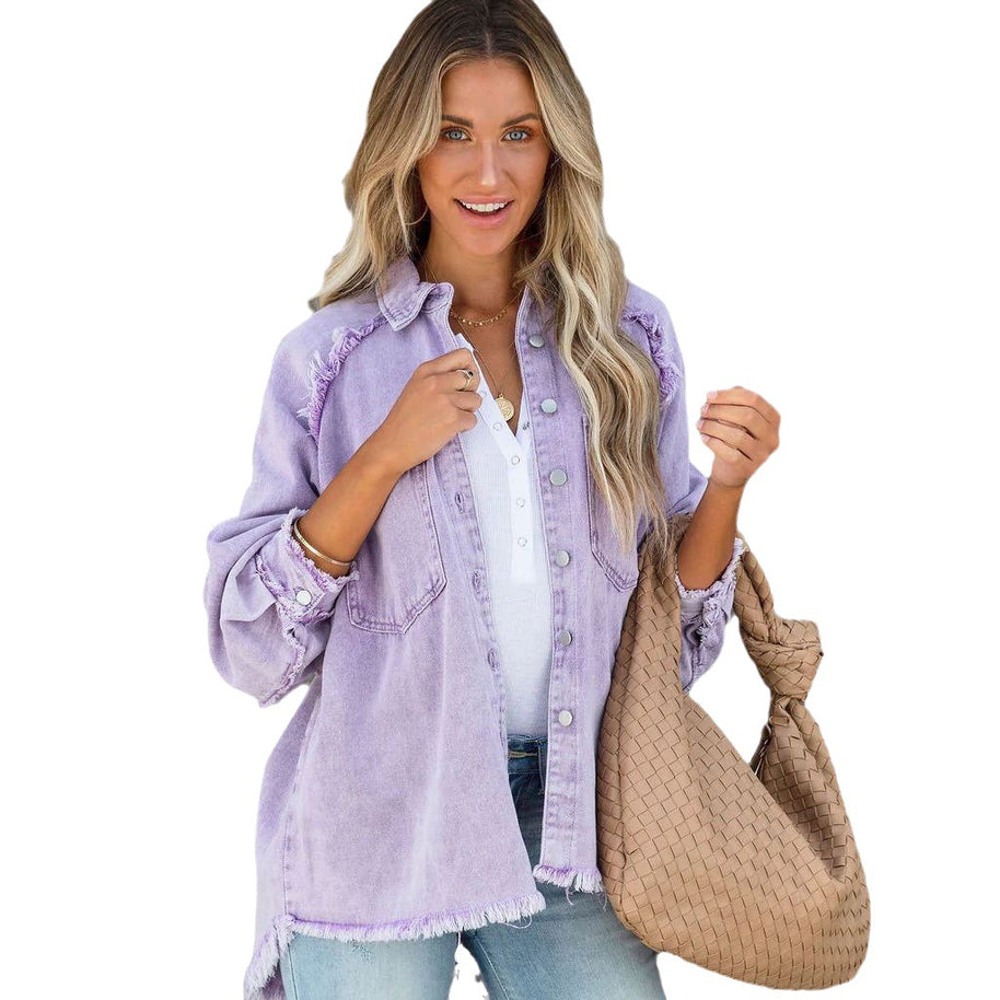 Damen lässige Overshirtjacke aus leichtem Denim mit fransigen Details WW