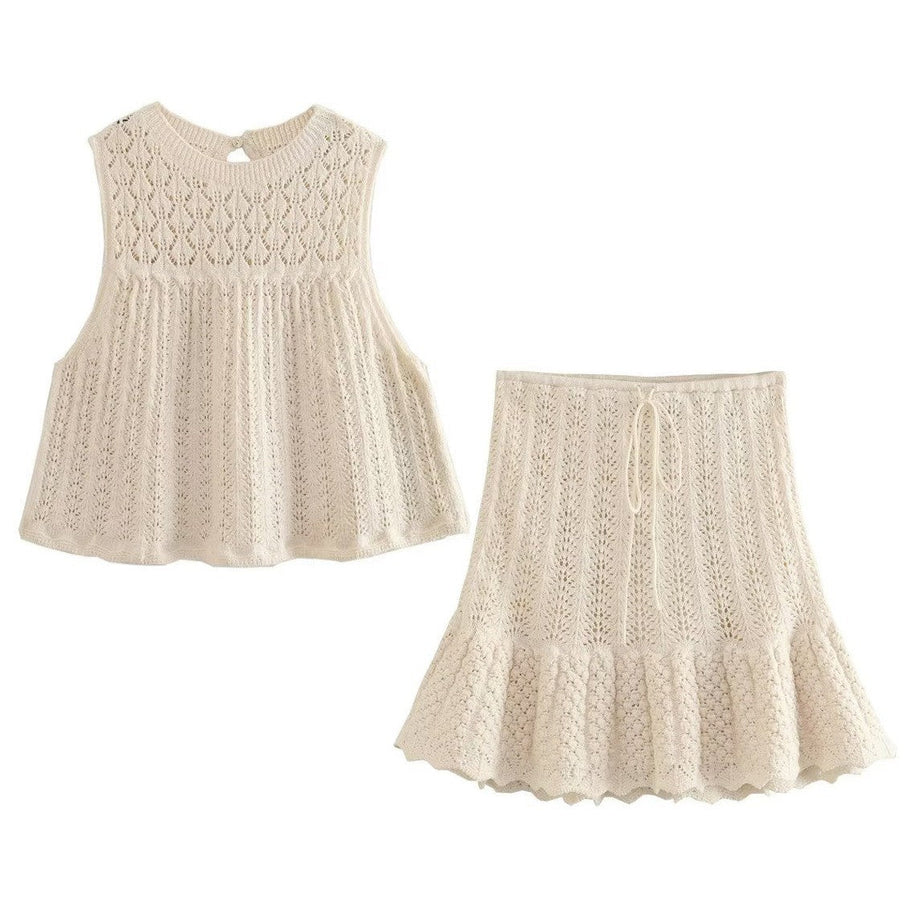 WWMODE | Mode Lässig Strickweste Hohlschliff Top Strick Kurzer Rock Set