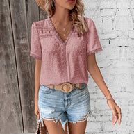Damen Kurzarmbluse mit Spitzenbesatz und strukturiertem Design WW