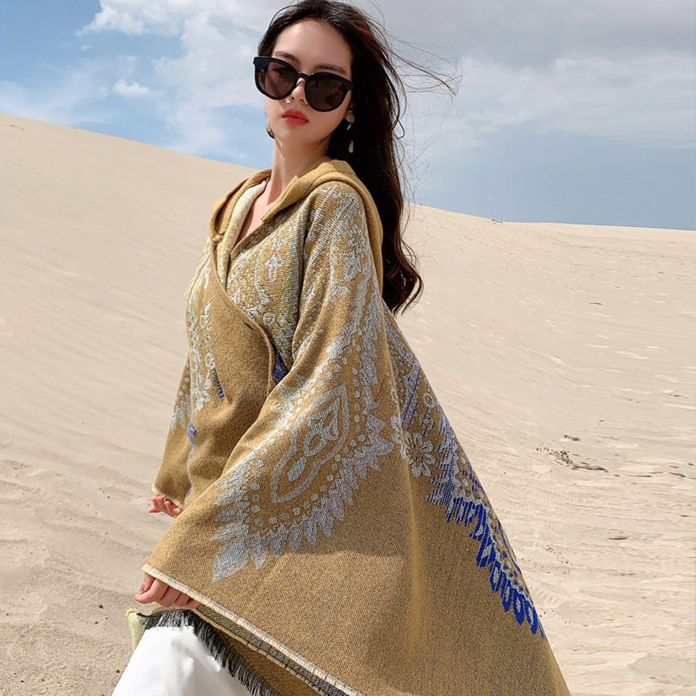 Damen Poncho mit Kapuze und kunstvollem Paisleymuster WW
