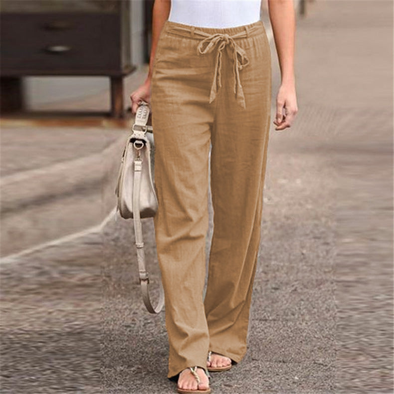 Damen bequeme Leinenhose mit elastischem Bund und verstellbarem Bindegürtel WW