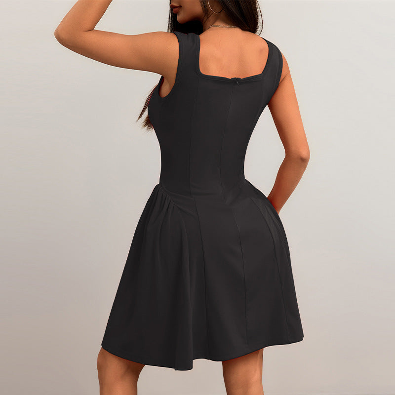 Damen A-Linien Kleid mit quadratischem Ausschnitt und gefüttertem Rock W&W Mode