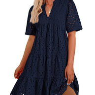 Damen luftiges Midikleid mit romantischem Lochmuster und V-Ausschnitt WW