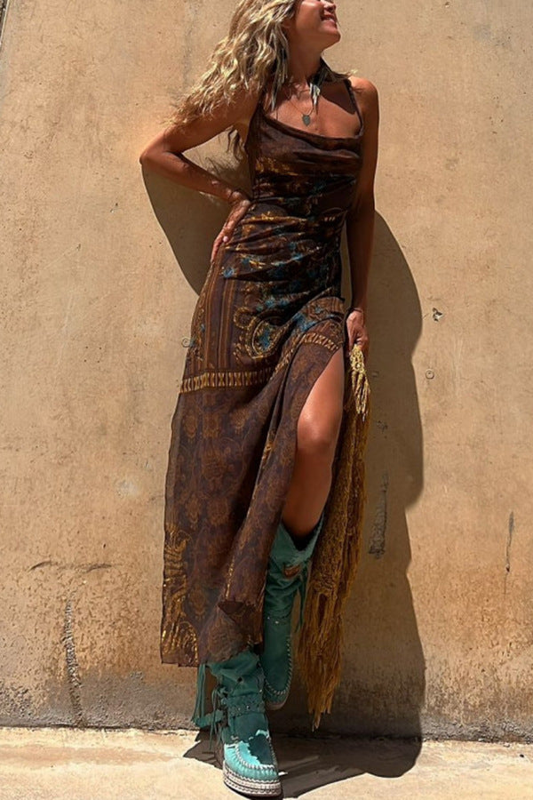Damen Maxikleid mit asymmetrischem Ethno-Muster und schmalen Spaghettiträgern WW