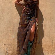 Damen Maxikleid mit asymmetrischem Ethno-Muster und schmalen Spaghettiträgern WW